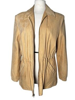 Vintage 80s 90s Waist Cinched Tan Brushed Matte leather jacket Classic Coat L